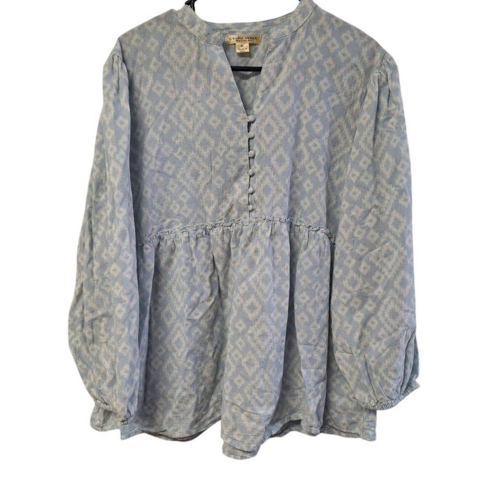 Studio West Apparel Blouse Cotton Long‎ Sleeve Puff Half Button Womens XL